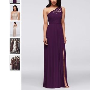 David's Bridal plum long one shoulder bridesmaid